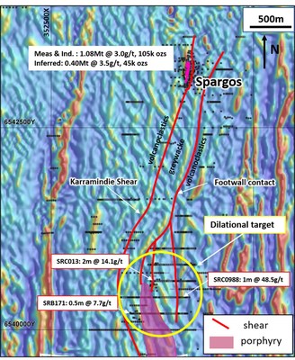 Figure 5: Aeromag image covering eastern margin of the Spargos Project. Image shows interpreted position of prospective shears and structural target 1.5km south of the Spargos Reward deposit. (CNW Group/Karora Resources Inc.)